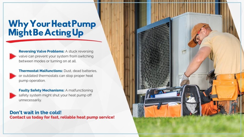 This is an image of an HVAC tech working on a heat pump. The headline reads; Why your heat pump might be acting up.