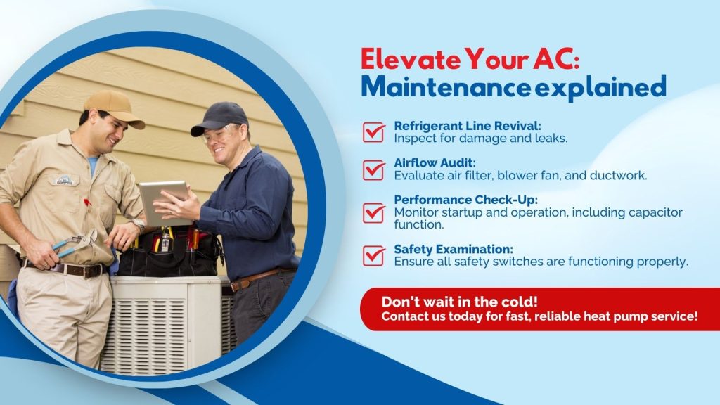 This is an image of two HVAC maintenance workers over a AC unit. The headline reads elevate your AC: maintenance explained.